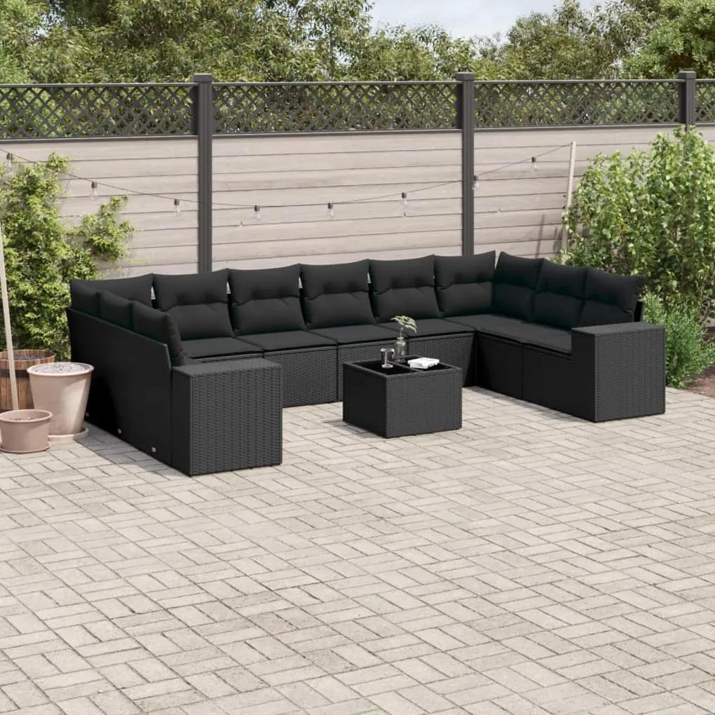3255412 vidaXL Set canapele de grădină cu perne, 11 piese, negru, poliratan