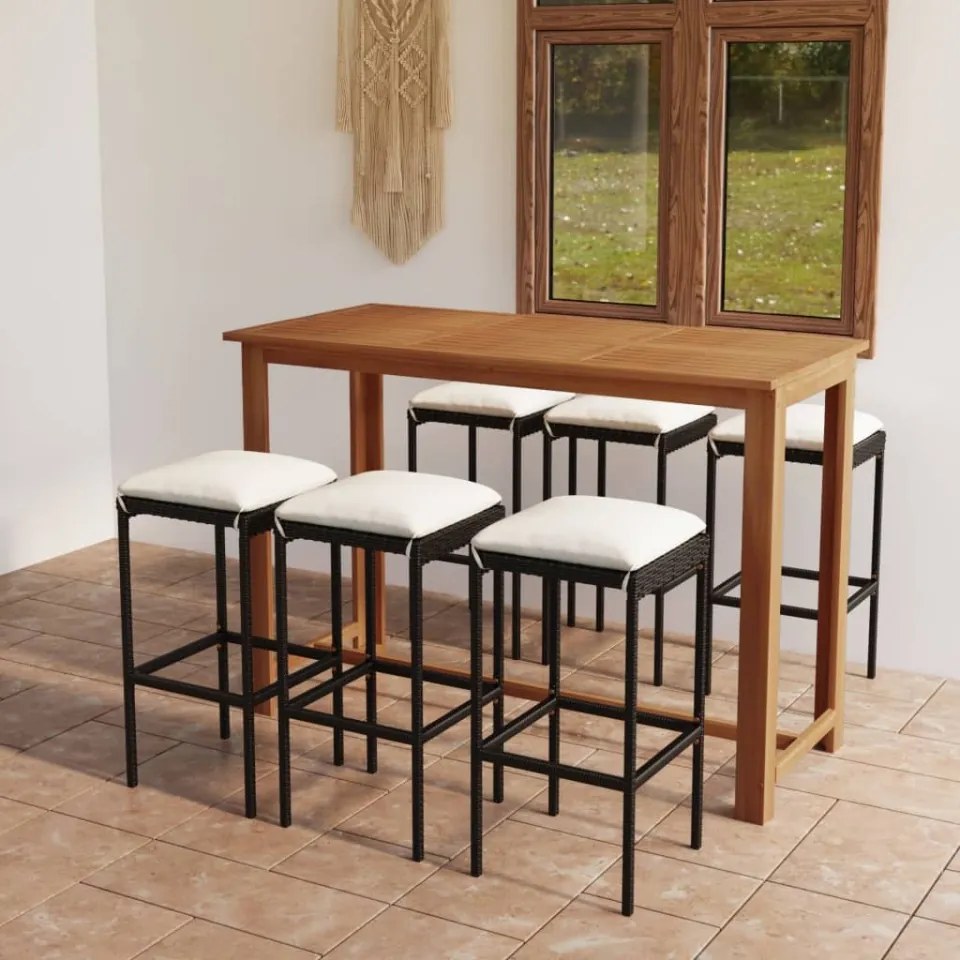 Set mobilier bar de grădină cu perne, 7 piese, negru