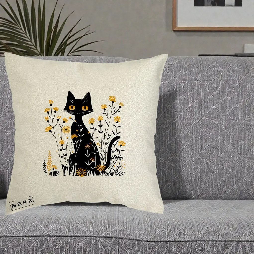 Perna Decorativa Pisica Neagra Ochi Galbeni Flori Galbene, 40x40 cm, Ecru, Husa Detasabila, Perna Inclusa, BEKZ®