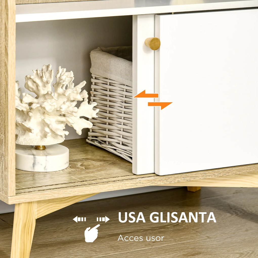 Dulap de depozitare modern, usi glisante si rafturi deschise, din PAL, Lemn de Pin 58x30x93cm Alb, Natural HOMCOM | Aosom Romania