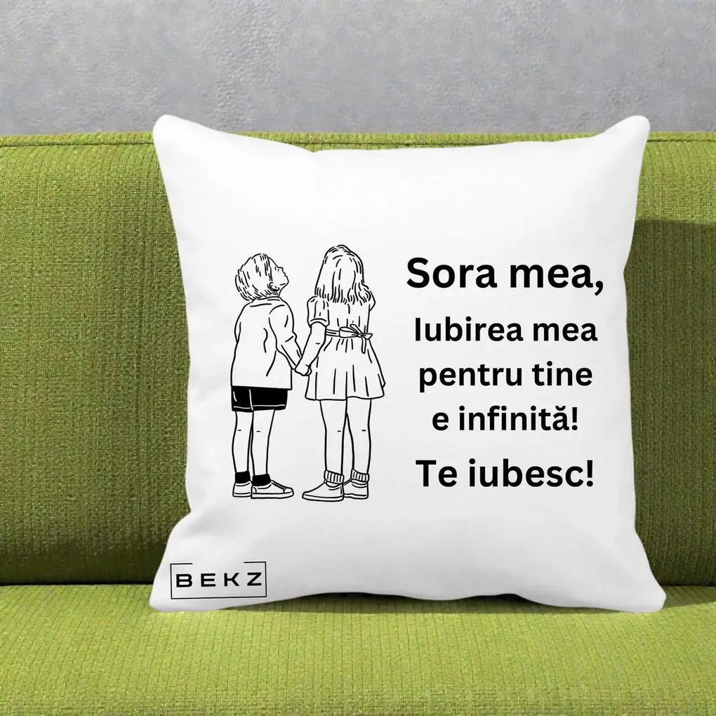 Cadou pentru Sora - Perna Personalizata Sora Mea Te Iubesc Copii Tinand Maini Line Art, 40x40 cm, Alba Mata, Husa Detasabila, Perna Inclusa, BEKZ®