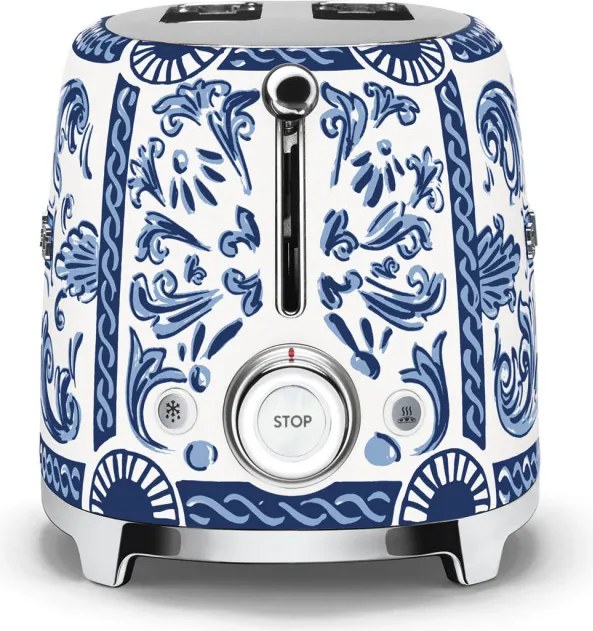 Prajitor de paine SMEG Dolce & Gabbana Blu Mediterraneo TSF01DGBEU, 950 W, 2 felii, 6 trepte, Tava pentru firimituri, Cablu integrat, Otel inoxidabil, Albastru
