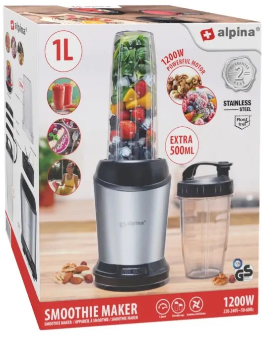 Resigilat: Blender Alpina Nutrition, 4 lame, 1200 W, 1 L, Fara BPA, Inox/Negru
