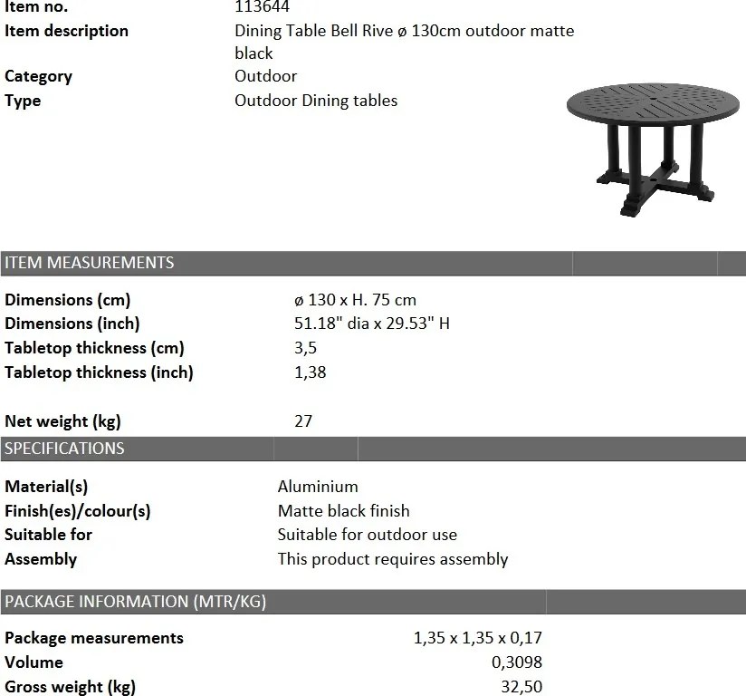 Masa pentru interior si exterior Bell Rive negru, 130cm 113644 HZ