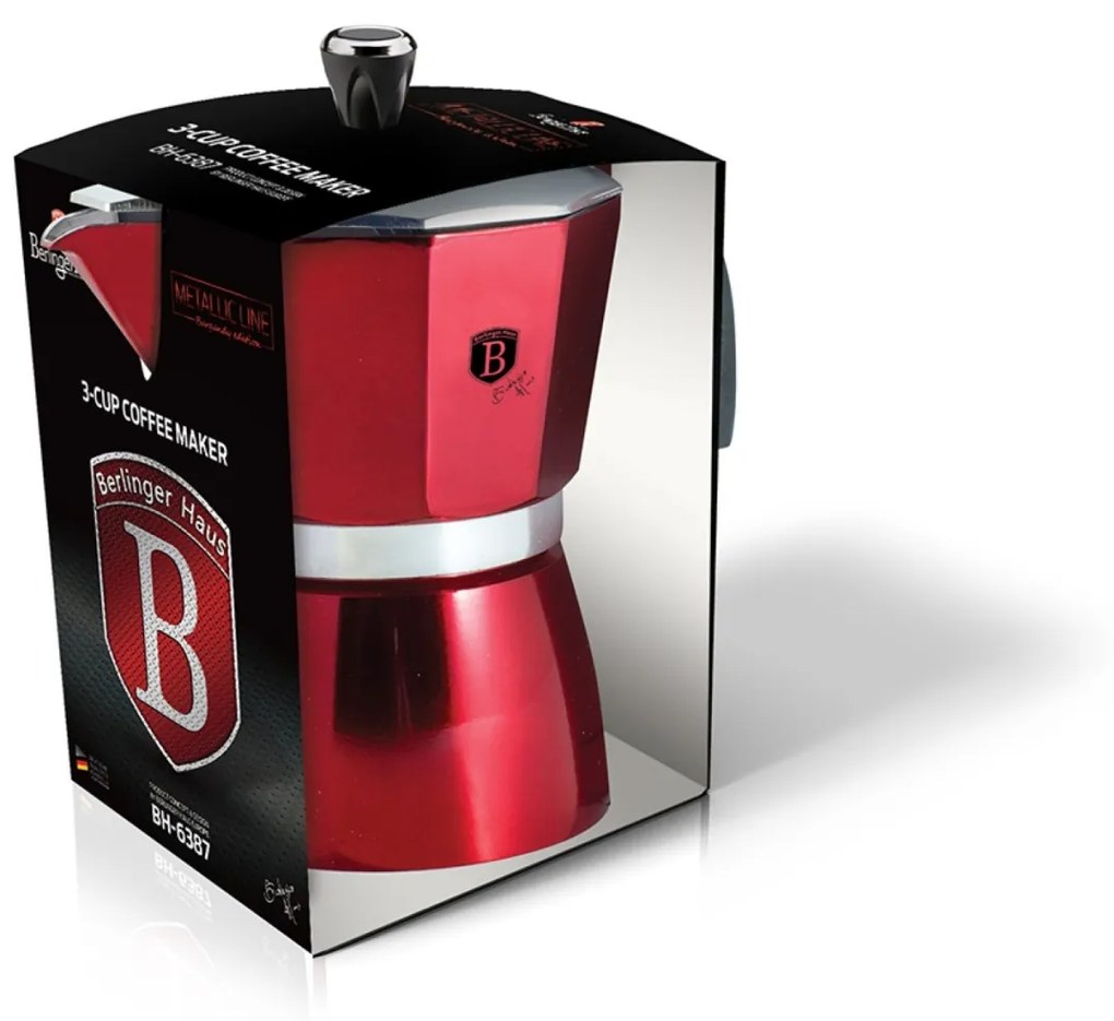 Expresor cafea 3 cesti mici, pentru aragaz, 150 ml, Burgundy Berlinger Haus BH 6387