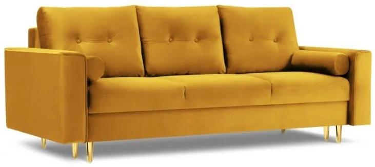 Canapea extensibila 3 locuri Leona cu tapiterie din catifea si picioare din metal auriu, galben