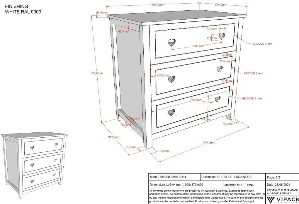 Comodă cu Masă de Înfășat AMORI pentru Copii, Alb (Pin Masiv și MDF), Design Romantic – Vipack