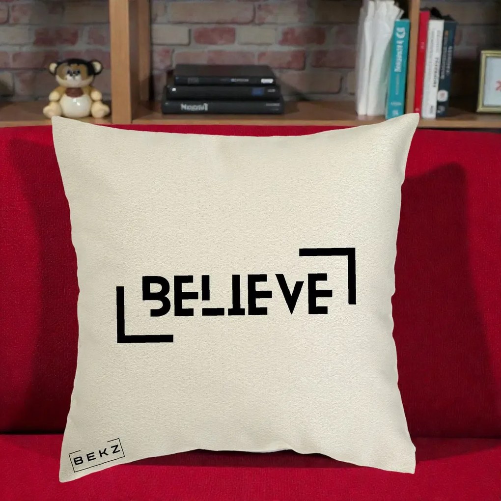 Perna Decorativa Believe Minimalist, 40x40 cm, Ecru, Husa Detasabila, Perna Inclusa, BEKZ®