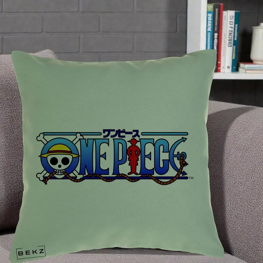 Perna Personalizata One Piece Clasic Albastru, 40x40 cm, Verde, Husa Detasabila, Perna Inclusa, BEKZ®