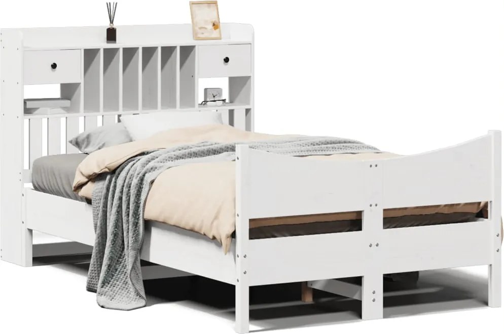 vidaXL Cadru de pat fără saltea, alb, 135x190 cm, lemn masiv de pin