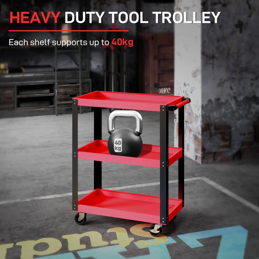 HOMCOM Cărucior Porta Unelte cu 3 Rafturi din Metal și PP, 70.5x35x82.5 cm, Roșu și Negru | Aosom Romania