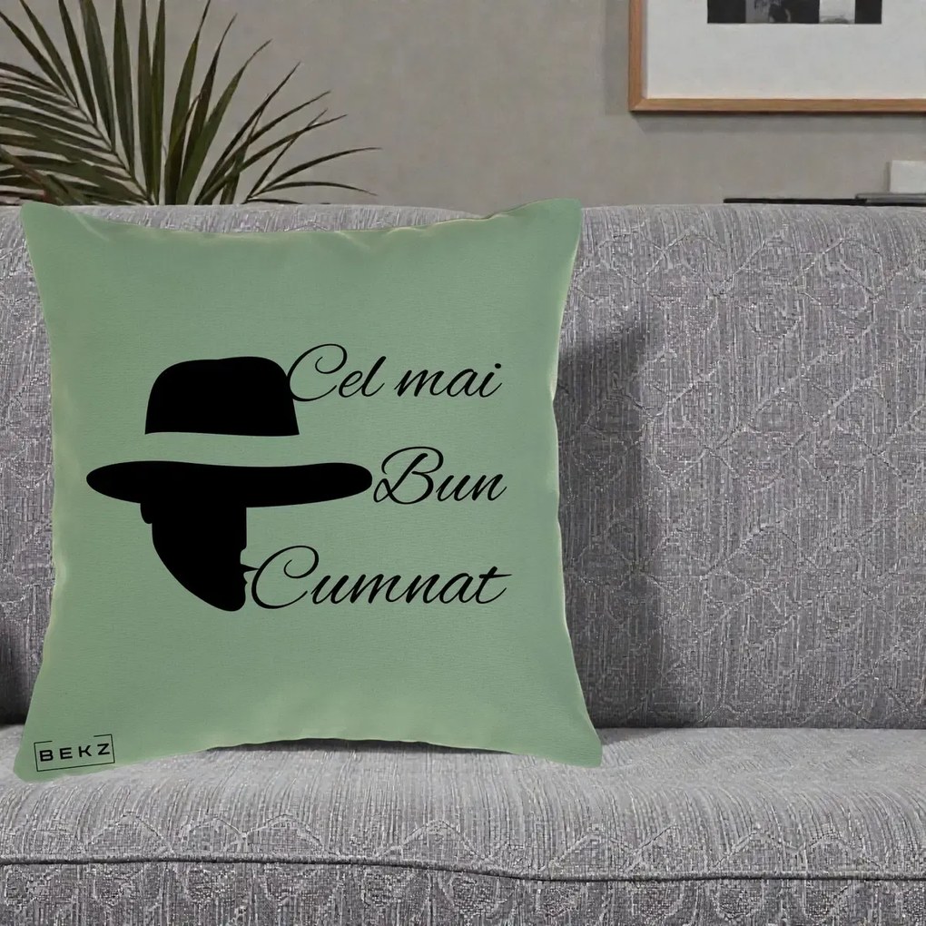 Cadou pentru Cumnat - Perna Personalizata Cel mai Bun Cumnat cu Silueta Palarie, 40x40 cm, Verde, Husa Detasabila, Perna Inclusa, BEKZ®