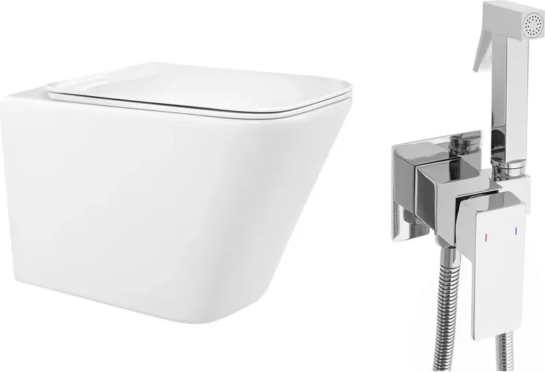 Pachet vas wc suspendat Rea, capac softclose si set dus igiena intima crom cu baterie incastrata Rea Fenix