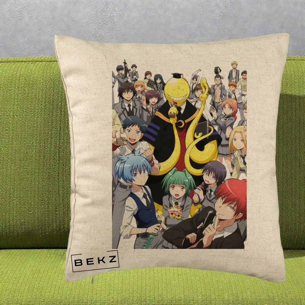 Perna Personalizata Assassination Classroom Grup Complet Anime, 40x40 cm, Bej, Husa Detasabila, Perna Inclusa, BEKZ®