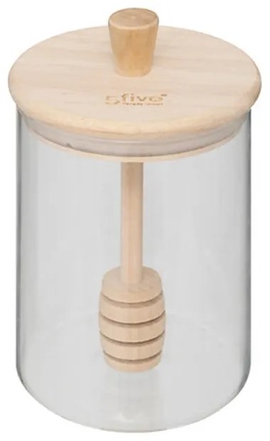Recipient miere, sticla, capac bambus, 8.5 x H 12.8 cm