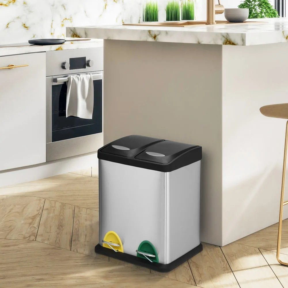 Coș de gunoi 2x8 l argintiu mat pentru reciclare/cu pedală din oțel Tri Selectif – MSV