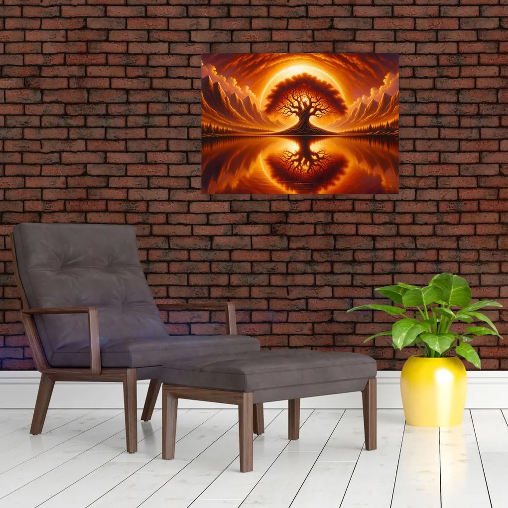 Tablou pe sticlă – Arbore în soare sângeriu (70x50 cm)