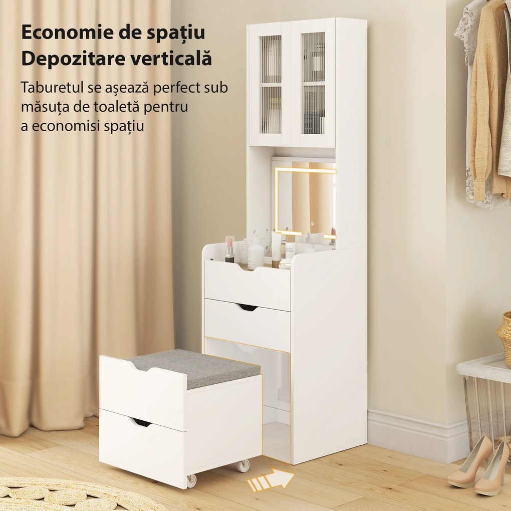 HOMCOM Stație de Machiaj cu Lumini LED în 3 Culori, Oglindă Rabatabilă, Scaun Ascuns, Măsuță de Machiaj cu Scaun Îmbunătățit, 3 Sertare, Compartiment, Dulap cu Uși din Sticlă, Modern, Alb | Aosom Romania