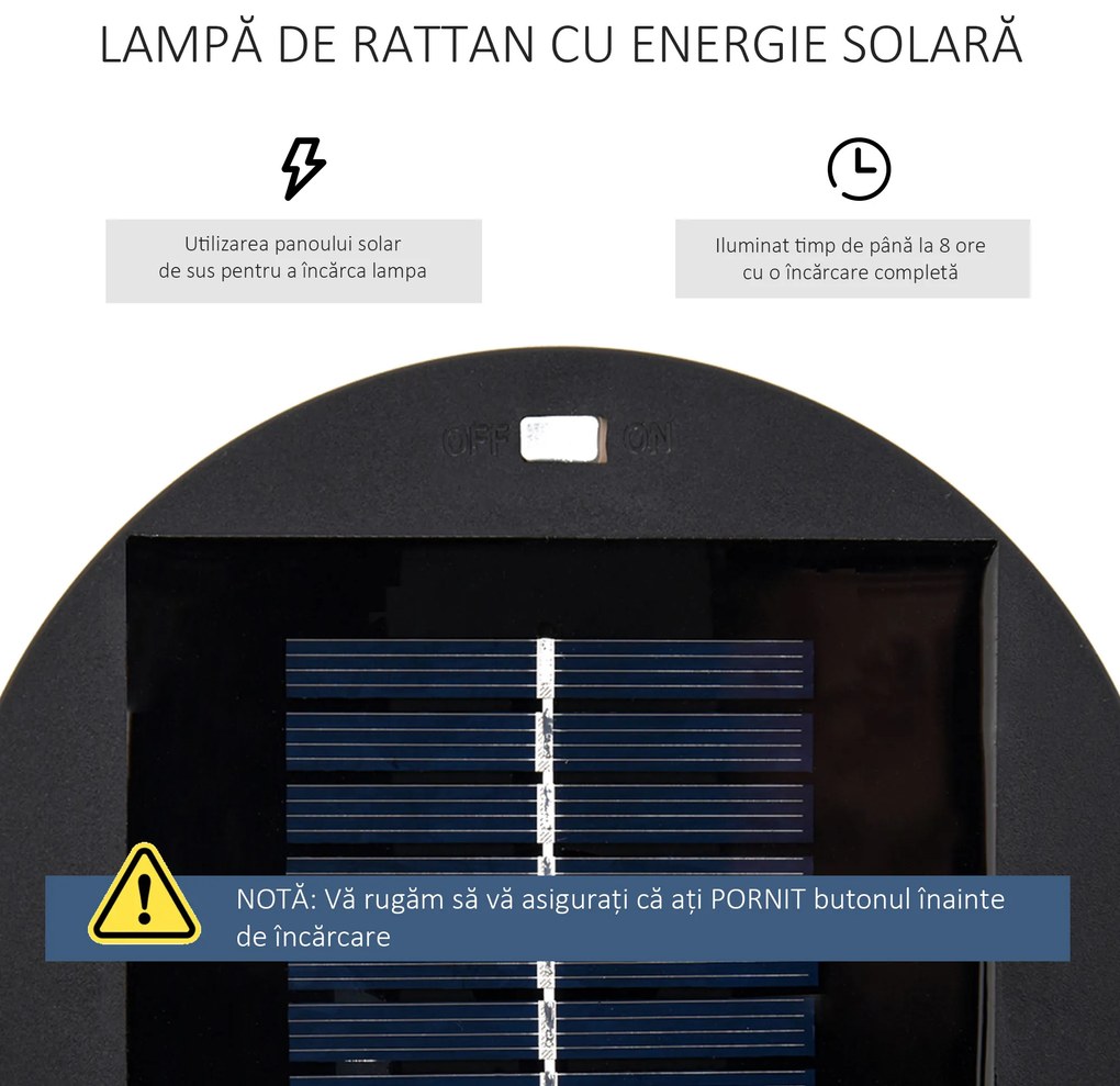 Outsunny Lanternă Solară de Grădină cu Panou de Încărcare, Lampă solară de Exterior din Metal și Ratan, Ø21.5x61 cm, Negru | Aosom Romania