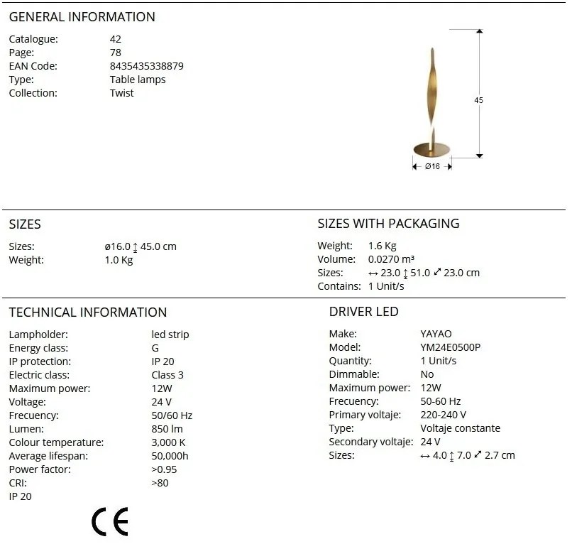 Veioza LED design modern decorativ Twist auriu