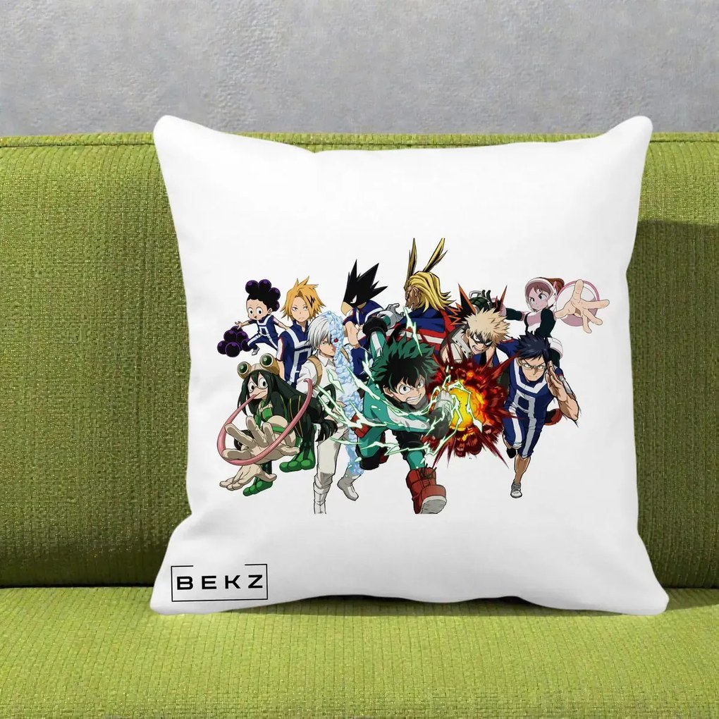 Perna Personalizata My Hero Academia Clasa 1-A Complet, 40x40 cm, Alba Mata, Husa Detasabila, Perna Inclusa, BEKZ®