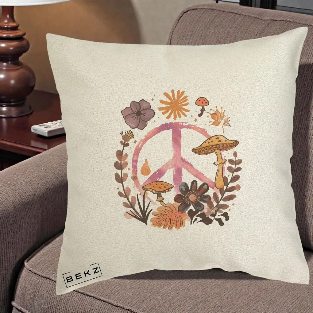 Perna Decorativa Peace Ciuperci Boho, 40x40 cm, Ecru, Husa Detasabila, Perna Inclusa, BEKZ®