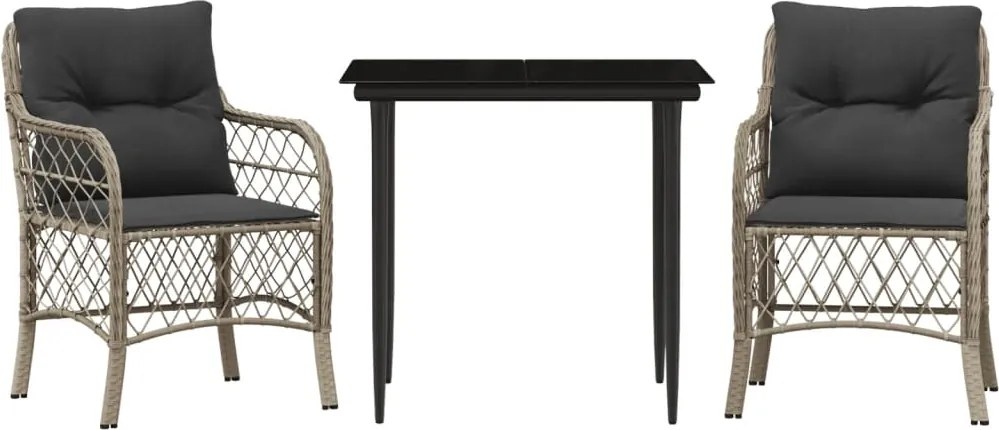 vidaXL Set bistro cu perne, 3 piese, gri deschis, poliratan