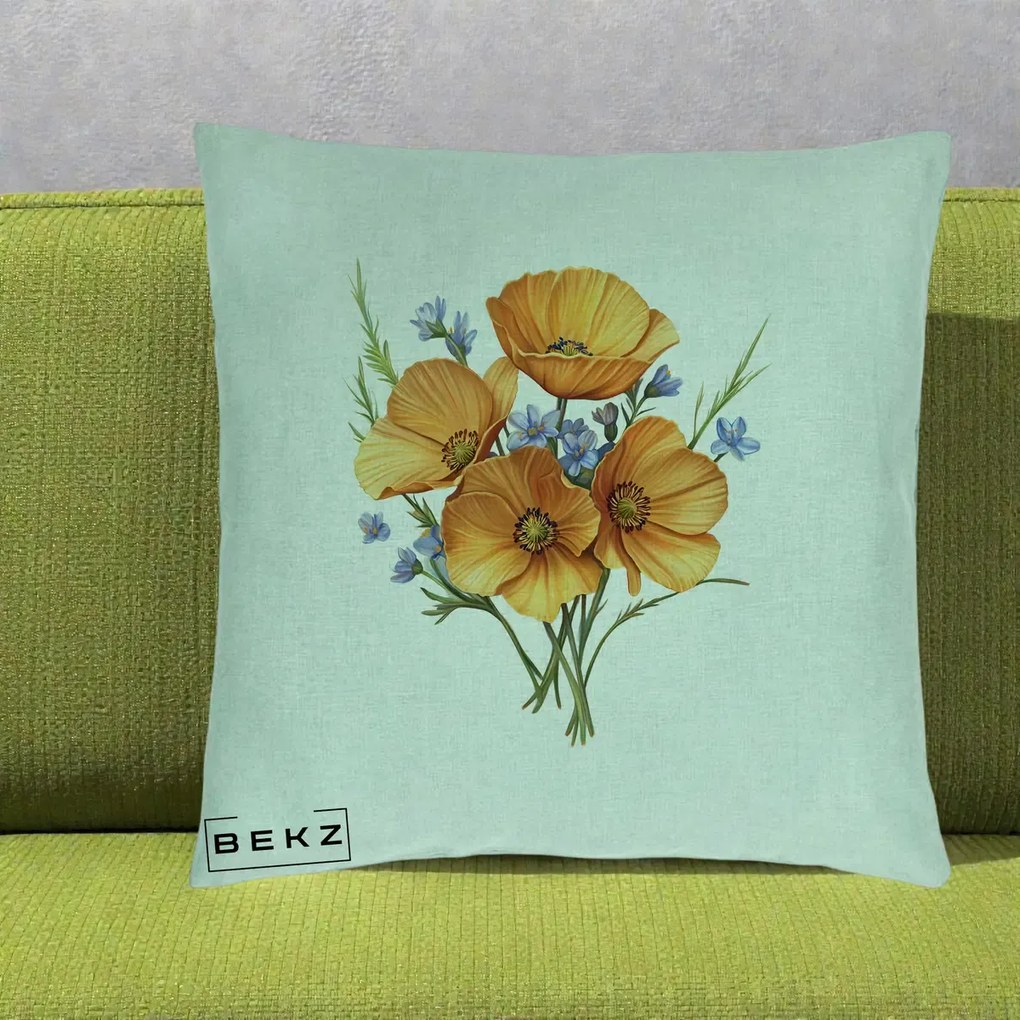 Perna Decorativa Maci Portocalii cu Floricele Albastre, 40x40 cm, Verde Menta, Husa Detasabila, Perna Inclusa, BEKZ®