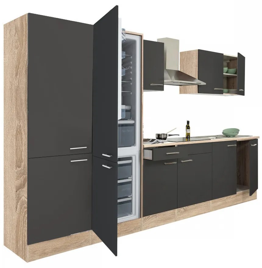 Mobilă de bucătărie Yorki 330 cu corp din stejar sonoma, față antracit satinat, dulap cu rafturi și frigider congelator inferior