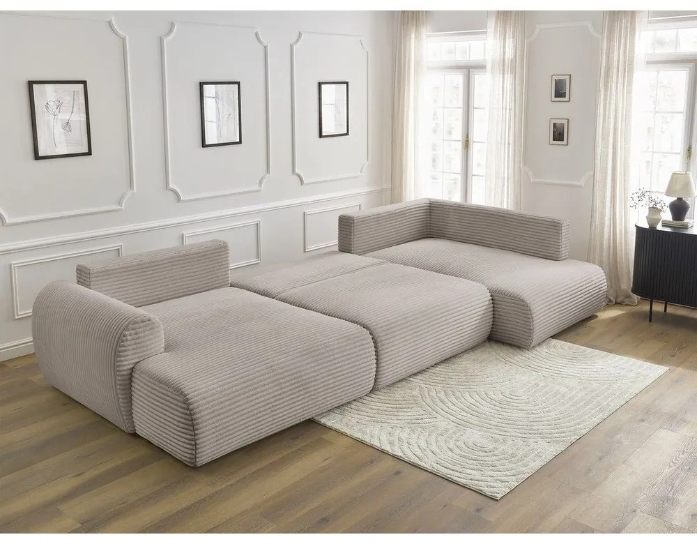 Colțar gri deschis/bej extensibil/cu spațiu de depozitare cu tapițerie din catifea reiată (cu colț pe partea dreaptă/în formă de "U") Lucien – Bobochic Paris