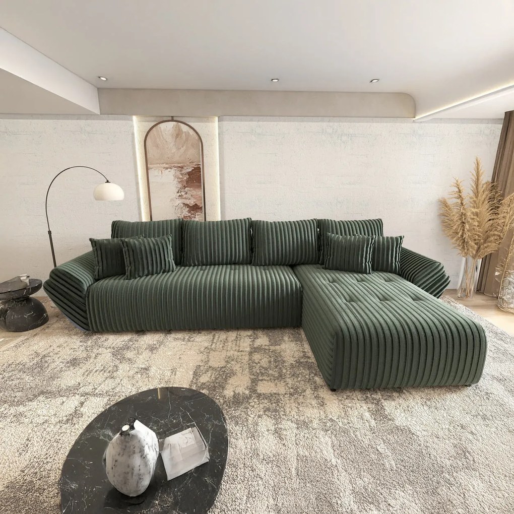 Colțar extensibil dumonde cu ladă de depozitare si sezut confortabil din spuma high-density, Berlin XL Ambience Green II 350x185 cm