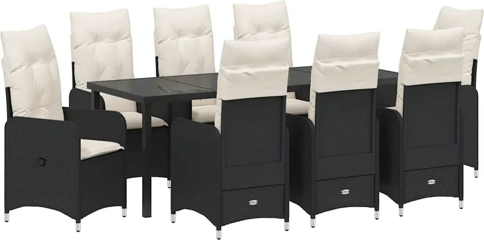 vidaXL Set de masă pentru grădină cu pernă 9 pcs Negru poliratan