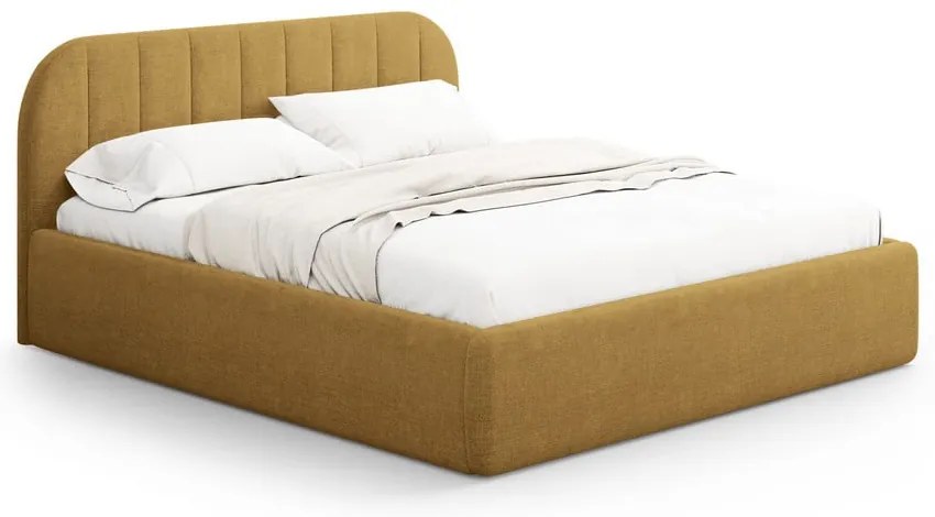 Pat matrimonial galben muștar tapițat cu spațiu de depozitare cu somieră 140x200 cm Juno – Windsor & Co Sofas