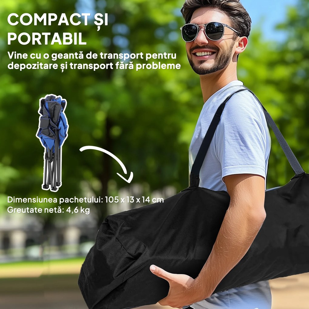 Outsunny Scaun de Camping Pliabil cu Buzunar și Suport pentru Pahar, 94x62x110 cm, Albastru | Aosom Romania