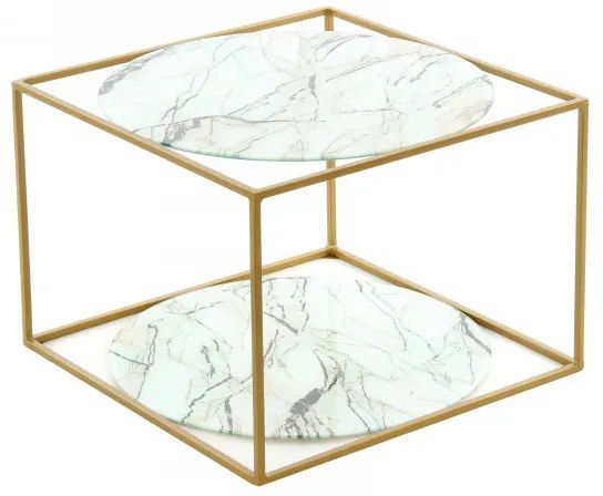 Masuta de cafea patrata din sticla cu spatiu de depozitare Cody 50x50x36 cm alb/auriu