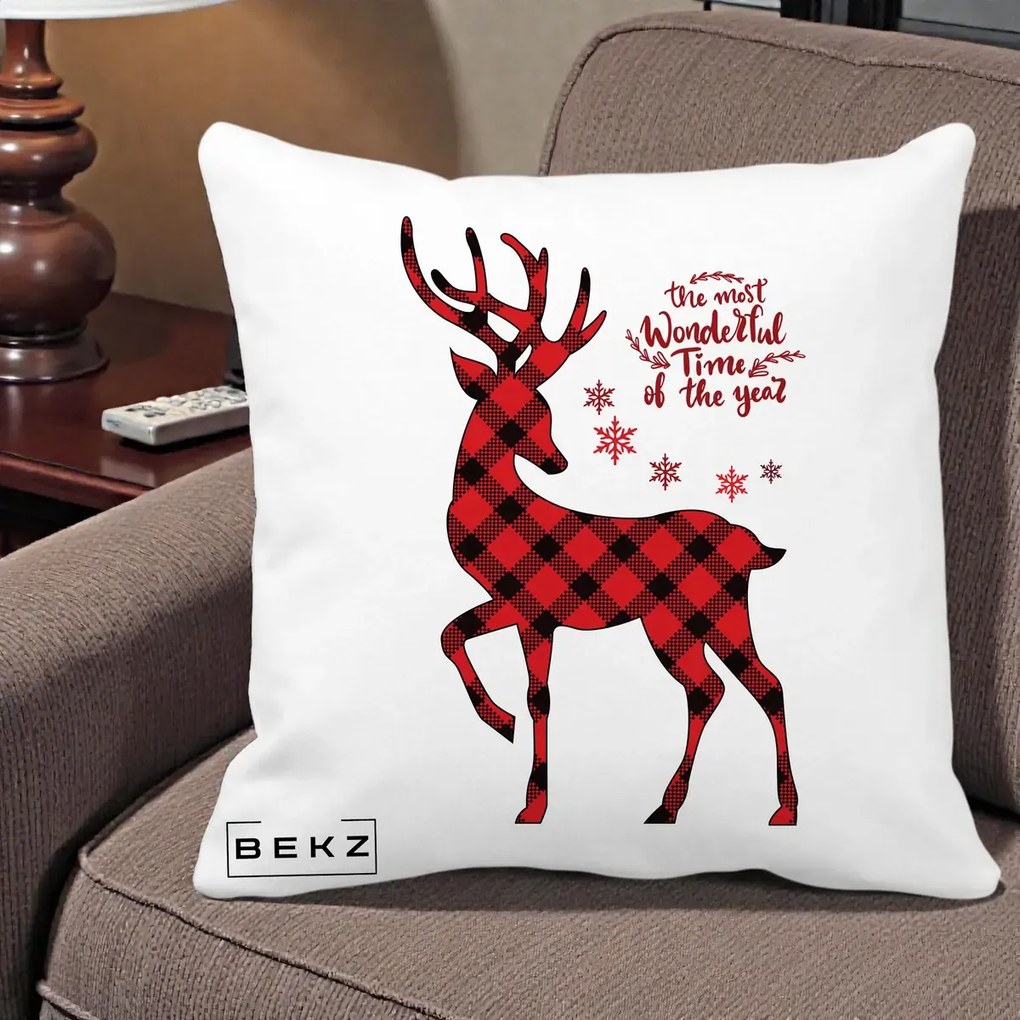 Perna Decorativa Ren Buffalo Plaid Craciun, 40x40 cm, Alba Mata, Husa Detasabila, Perna Inclusa, BEKZ®