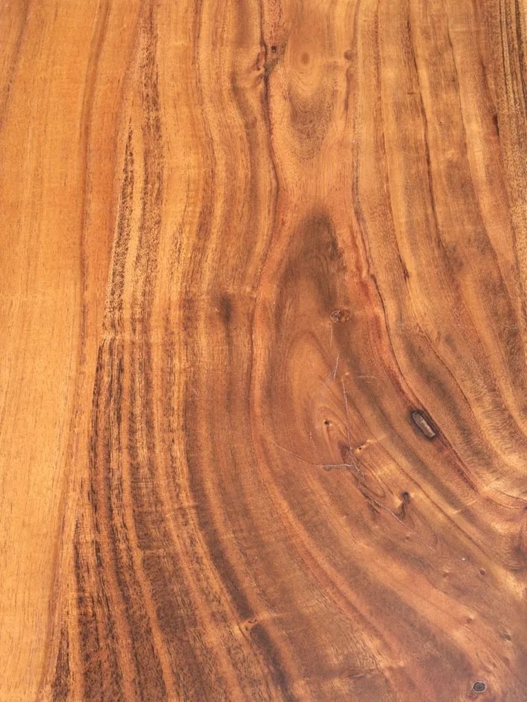 Masă dining cu bancă din lemn masiv de acacia, maro, 8 locuri, cu margini naturale și bază din metal negru, 77,5 x 180 x 96,5 cm, „Frequency”