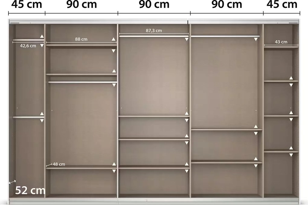 Dressing 360 cm lățime, 3 uși glisante, oglindă pe mijloc, culoare albă, material PAL, compartimentare premium, înălțime 229 cm