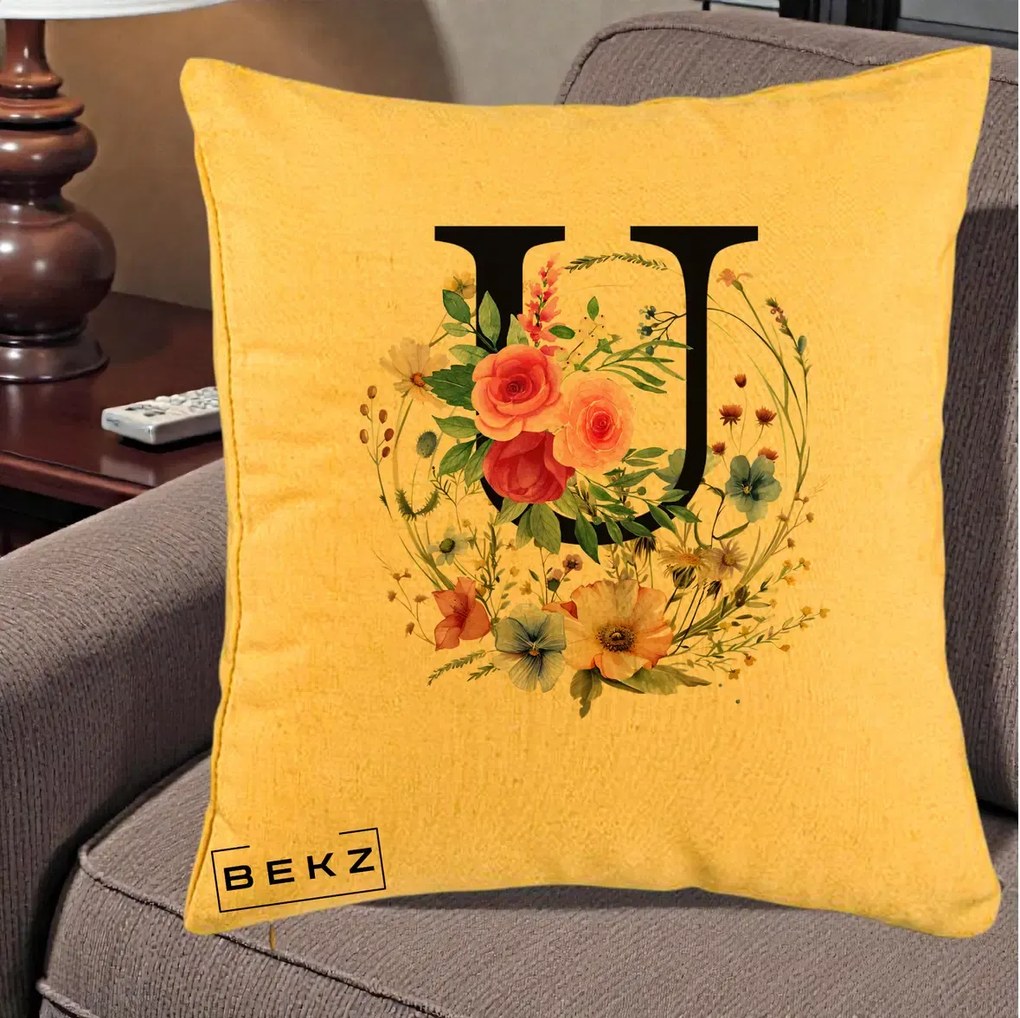 Cadou Personalizat - Perna Personalizata Monogram Litera U cu Flori Acuarela, 40x40 cm, Galben, Husa Detasabila, Perna Inclusa, BEKZ®