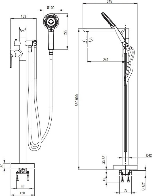 JASMIN Baterie stativa cu montaj pe pardoseala pentru cada freestanding