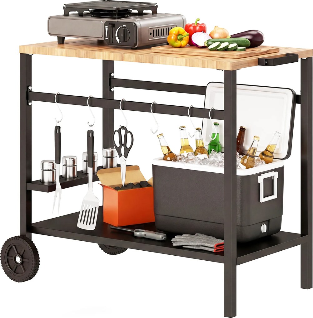 Outsunny Cărucior de grătar cu 2 niveluri Masă auxiliară mobilă pentru grătar cu roți Suport pentru băuturi Cârlige Mâner Negru și Maro | Aosom Romania