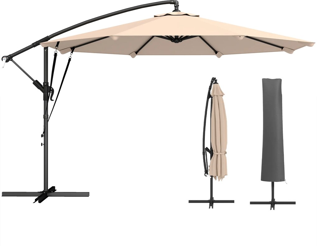 Outsunny Umbrelă Excentrică Ø300 cm cu Bază Încrucișată Manivelă Husă de Protecție și Frânghii de Vânt UPF30+ Caki | Aosom Romania