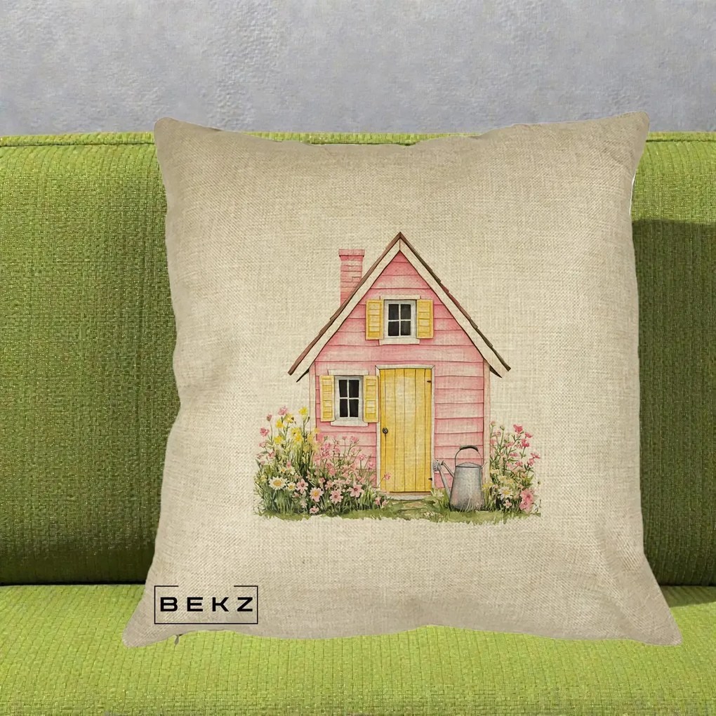 Perna Decorativa Casuta Roz Acuarela cu Gradina, 40x40 cm, Crem, Husa Detasabila, Perna Inclusa, BEKZ®