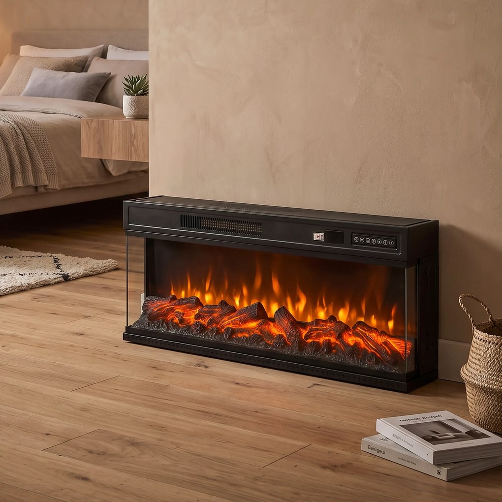 HOMCOM Șemineu Electric de Podea/Încastrabil, 3 Laturi, cu Telecomandă, 750/1500W, Efect Flacără 3D 12 Culori, 5 Niveluri de Luminozitate | Aosom Romania