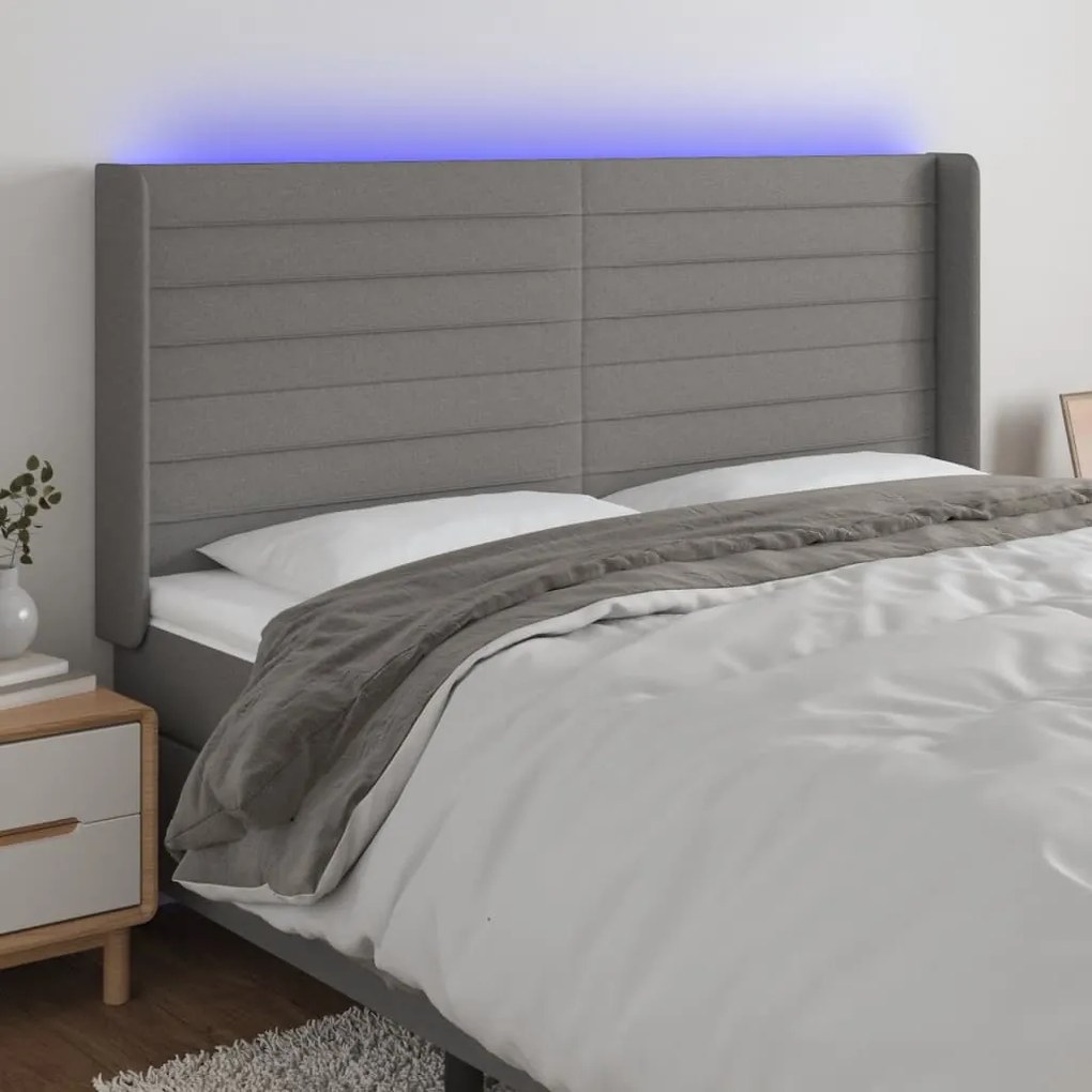vidaXL Tăblie de pat cu LED, gri închis, 163x16x118/128 cm, textil