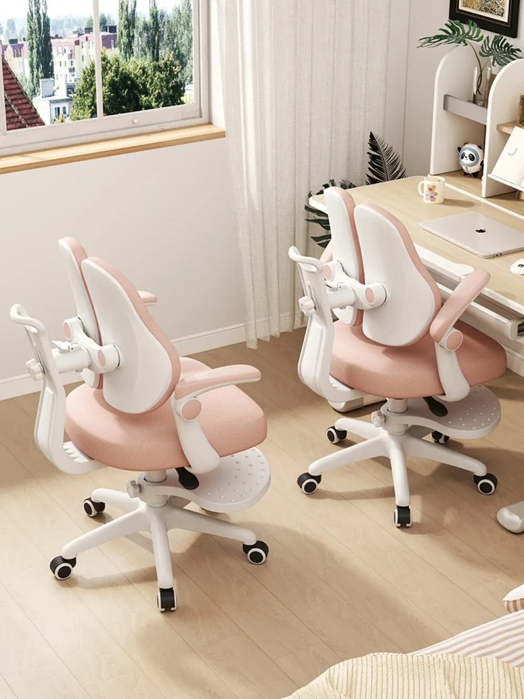 Scaun ergonomic pentru copii, spatar reglabil inaltime si adancime, suport picioare reglabil, rotativ, Roz