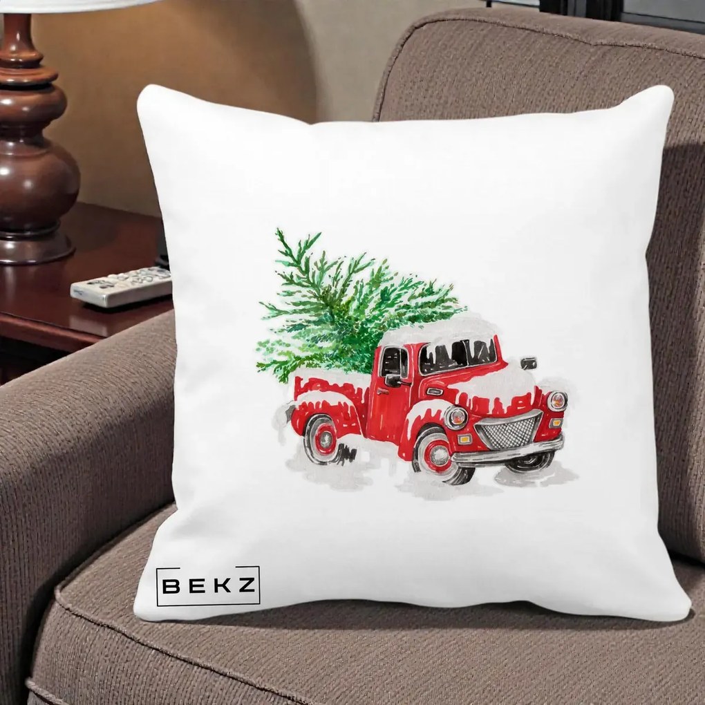 Perna Decorativa Camioneta Rosie Brad de Craciun, 40x40 cm, Alba Mata, Husa Detasabila, Perna Inclusa, BEKZ®