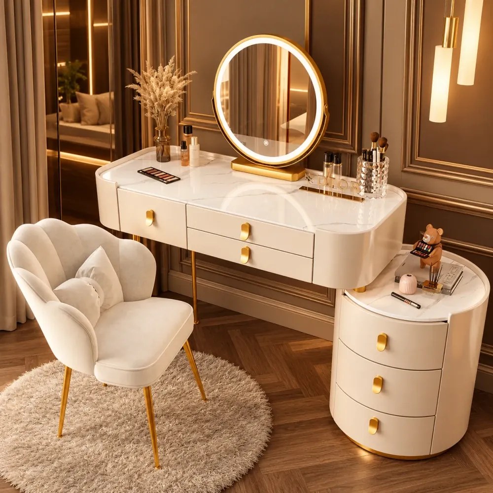 Set LUCIA WHITE – Masă de Toaletă pentru Machiaj, Blat imitatie marmura, Oglindă Iluminată LED, Control Touch, 6 sertare, Comoda, Scaun, Alb