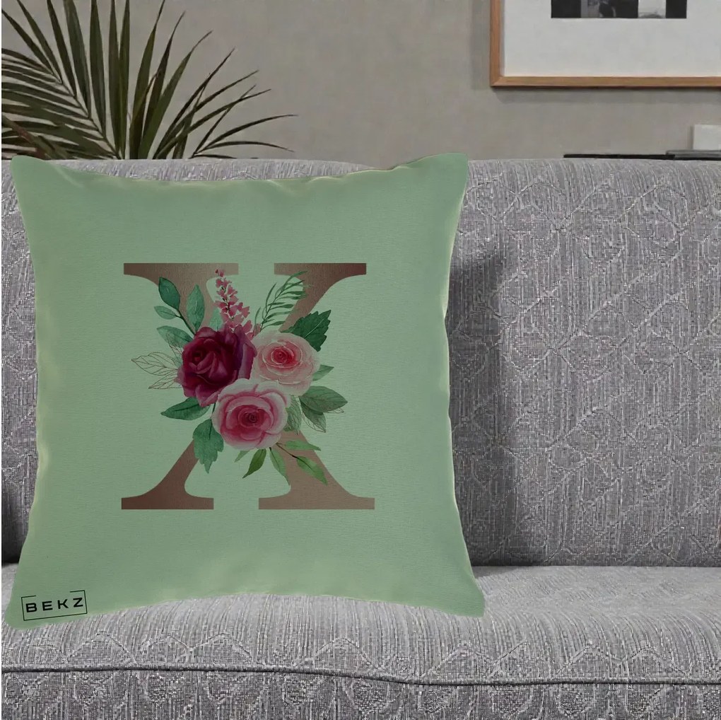Cadou Personalizat - Perna Personalizata Monograma Rose Gold Litera X, 40x40 cm, Verde, Husa Detasabila, Perna Inclusa, BEKZ®