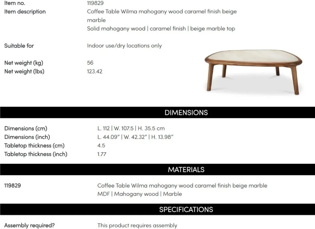 Masuta de cafea LUX, Marmura, Lemn, Wilma